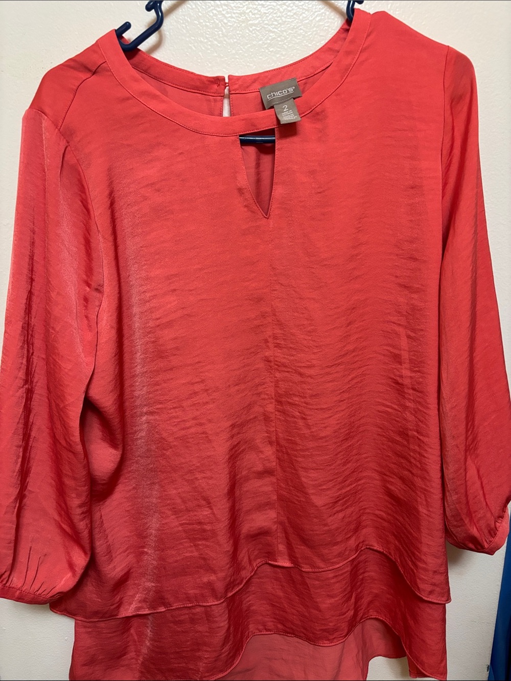 Chico's Coral Red Sheer Layered Keyhole Blouse